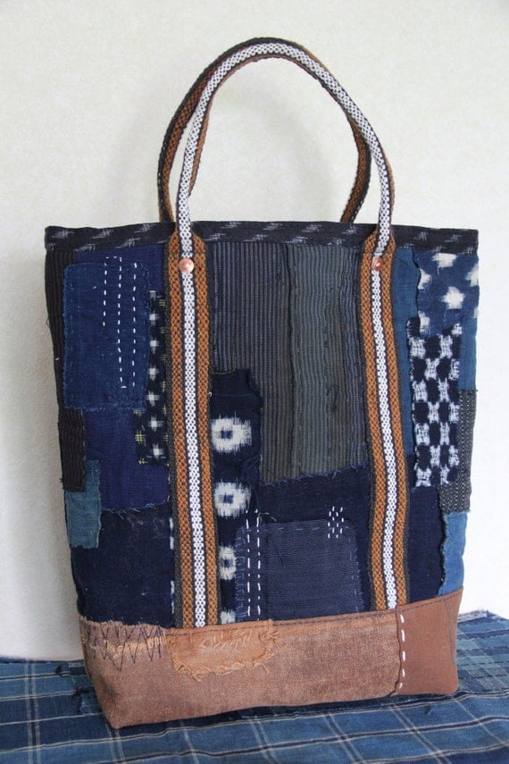 Antique japanese sashiko stitched indigo boro tote bag