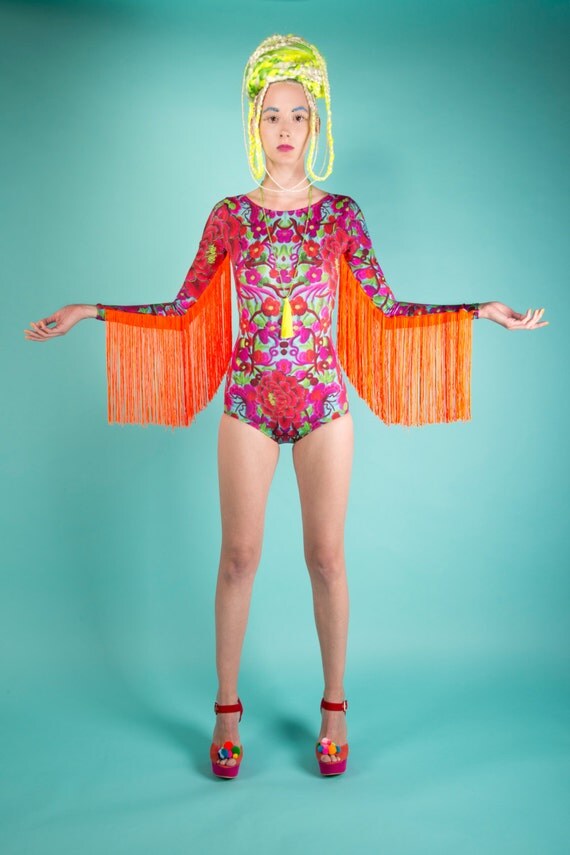 Fringed Lycra Festival Bodysuit Playsuit with long sleeves.