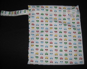 SALE - Wet Bag with 1 Zippered Compartment - Cute Car Pattern