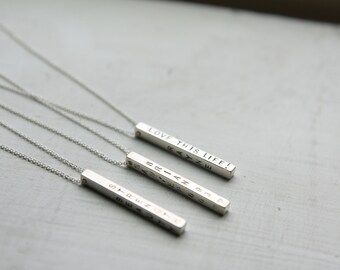 Personalized 3D Sterling Silver Bar Necklace, Dainty Vertical Bar Sterling Silver Jewelry, Engrave On All Four Sides, Customized Name