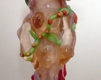 Handmade Peach Goddess with Flowers-Leaves-Vines Lampwork Bead