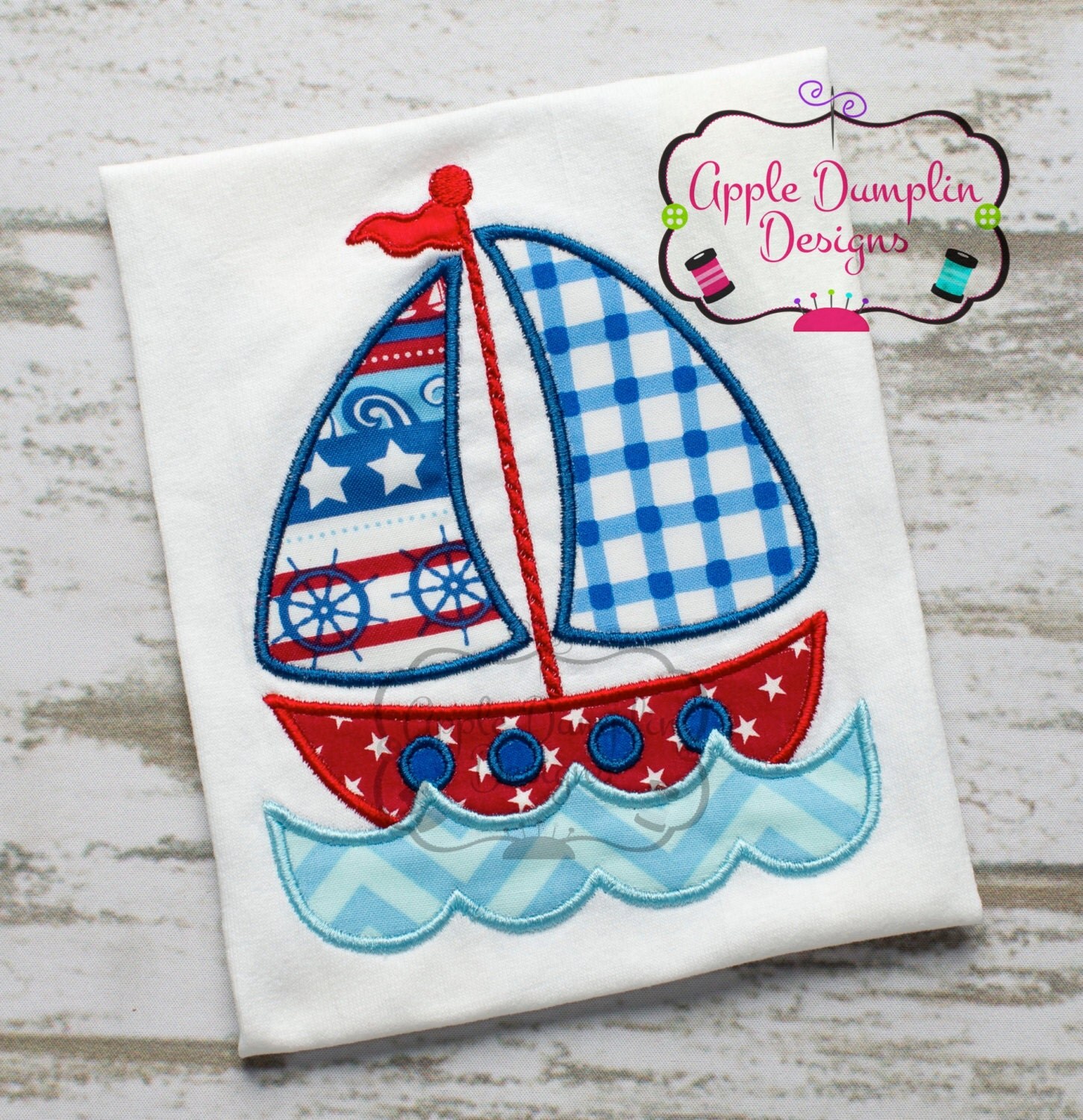 sailboat with water appliqué machine embroidery design