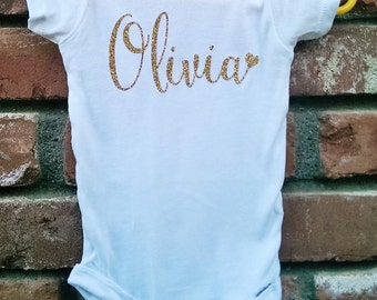 Glitter Name Onesie. Personalized onesie. Baby Girl Custom Onesie. Name with heart onesie.