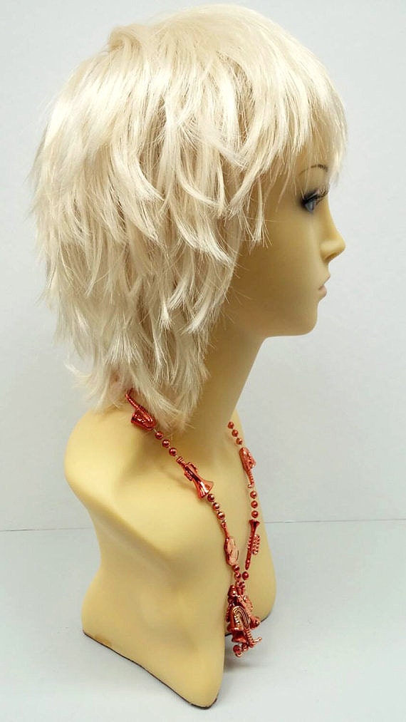 Short Layered Wind Blown Shag Style Blonde Cosplay Wig. Anime