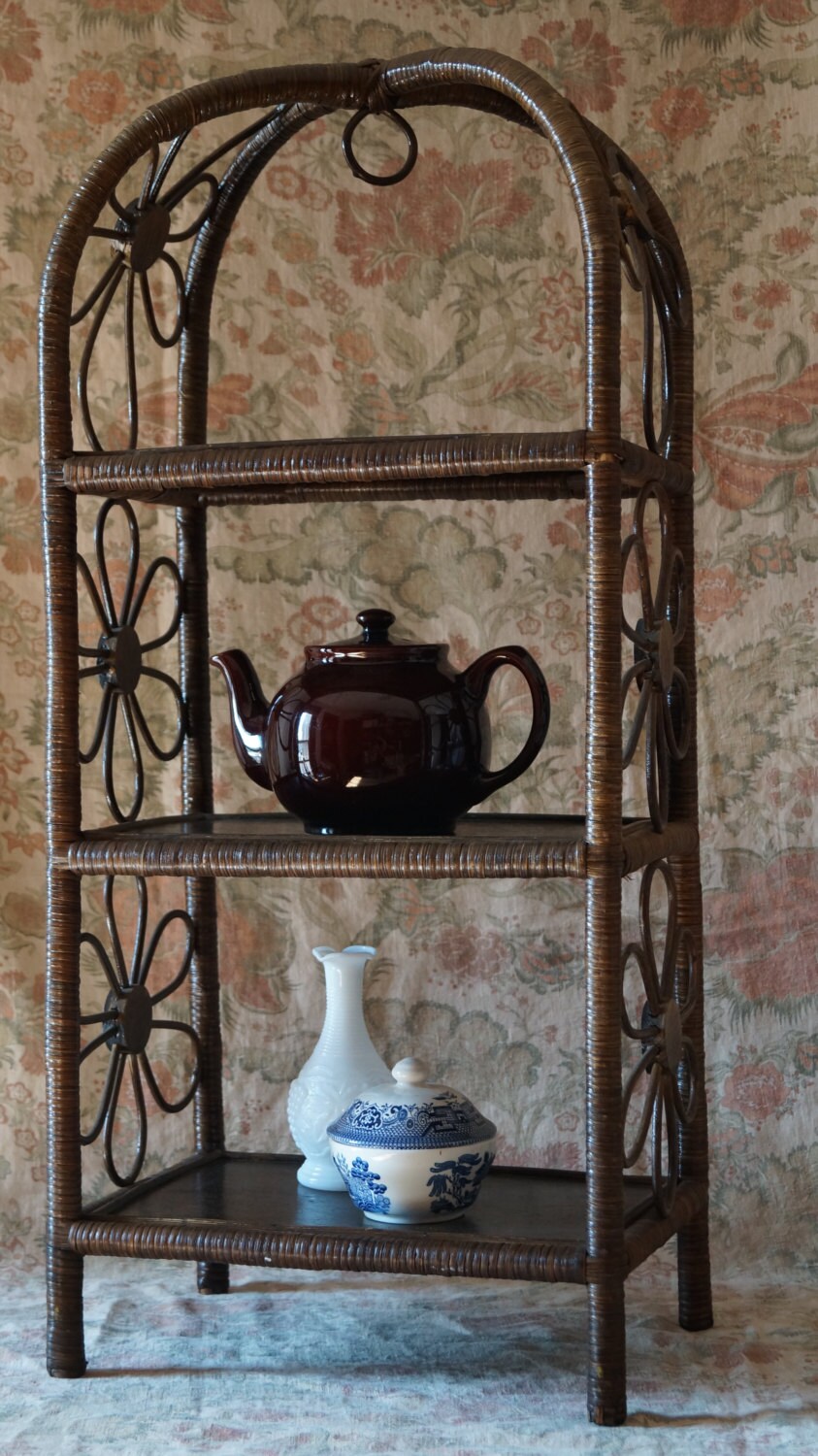 Boho Daisy Rattan Wicker Shelf // Vintage Wicker Shelf // Bookshelf
