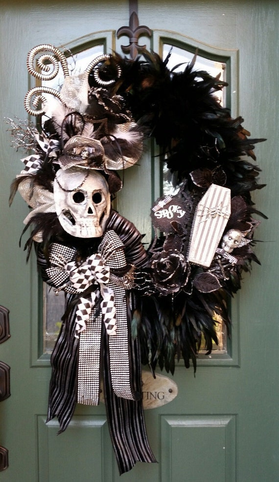 Halloween Wreath Feather Wreath Scary Skull Wreath Day of