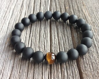 Men's Beaded Bracelet - 10mm or 8mm Matte Onyx and Tiger Eye Stretch Bracelet, Gemstone Beaded Bracelet