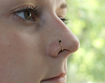 Gold Nose Ring 2mm Onyx, Nose hoop, Tragus earring 18g, Cartilage ring, Rook hoop, Forward helix earring, Nose piercing, Septum ring