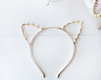 Gold or Silver Pearl Cat Ears Headband - Cat Ears - Crystal Cat Ears - Cat Costume - Cosplay Cat Ears - Kitty Ears - Cat Headband