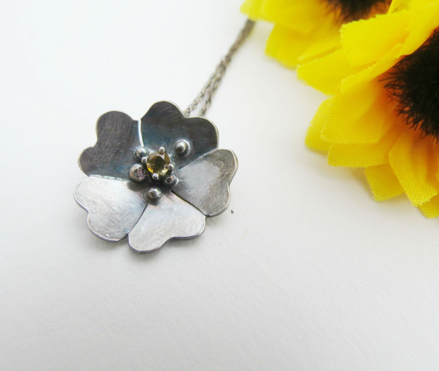 Sterling Silver Primrose Necklace Flower Pendant Birthstone