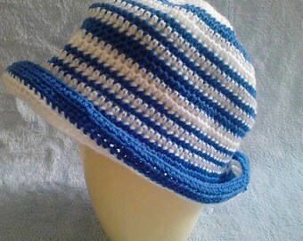 Kids Crochet Hat Blue White Striped One Size