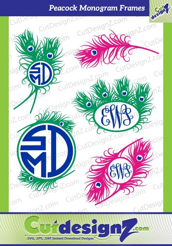 Download Peacock Feather Monogram Frames SVG DXF EPS Cut Files