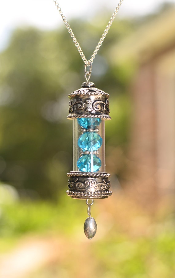 Vial Pendant Necklace with Aqua Beads and Fine by PoeGirlJewelry