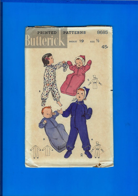 Vintage 1950s Baby / Toddler Bunting, Sleepwear & Snowsuit Pattern Butterick 8685 Size 1/2 New FF