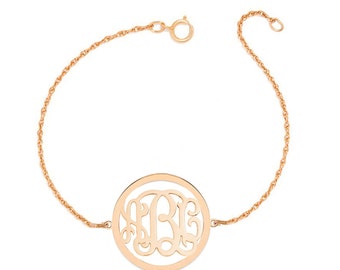 Personalized gold Monogram Bracelet - 1" custom 3 Initials link Bracelet, Initial Monogram Bracelet in 18k rose gold plated 925 silver