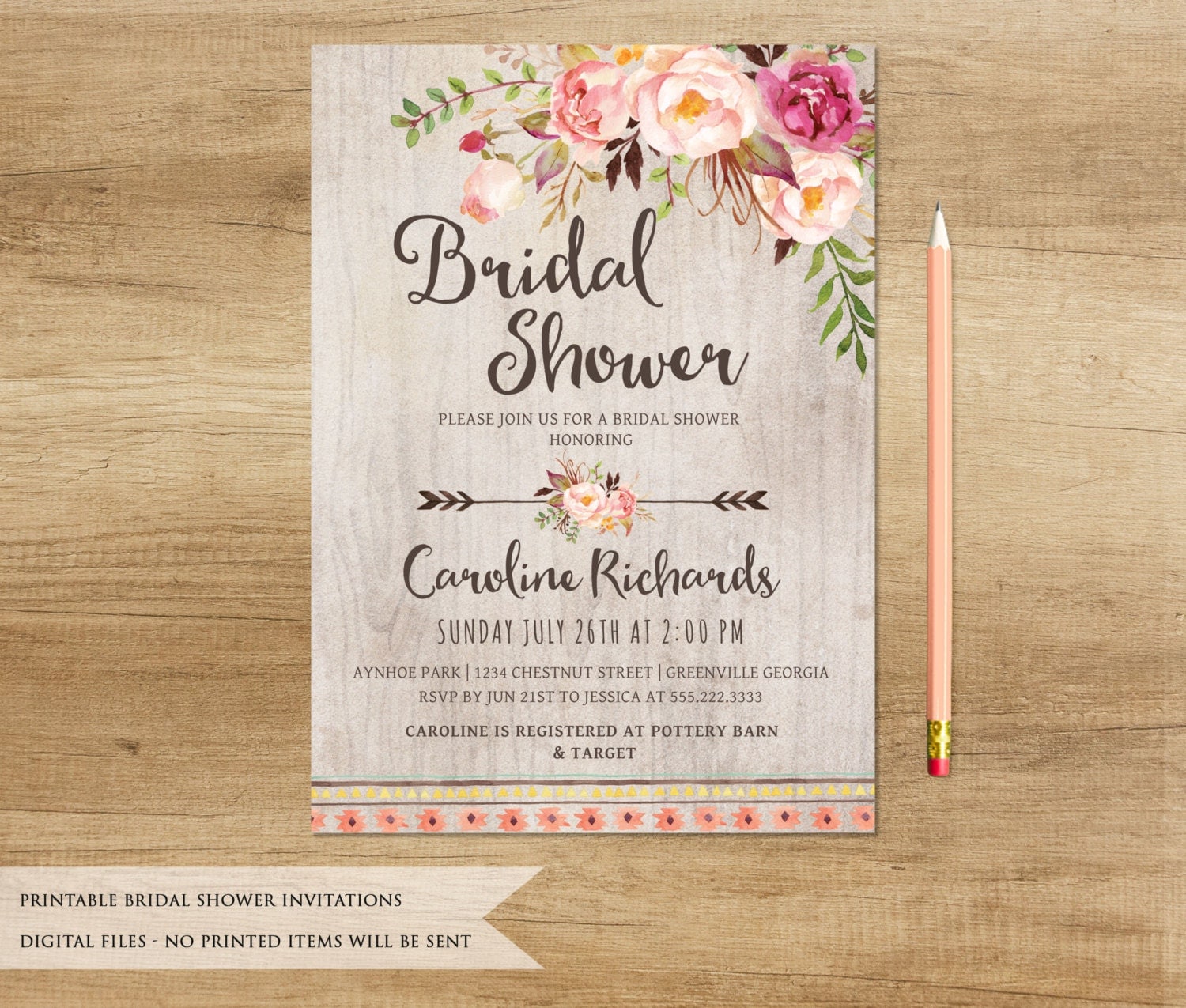 Floral Boho Bridal Shower Invitation. Printable Bridal Shower