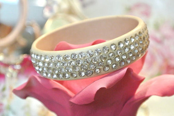 Vintage Celluloid Rhinestone Bangle Art Deco 1920s Flapper Era Cream Four Rows Sparkling Crystal Rhinestones Wedding Bride Bridal Hollywood