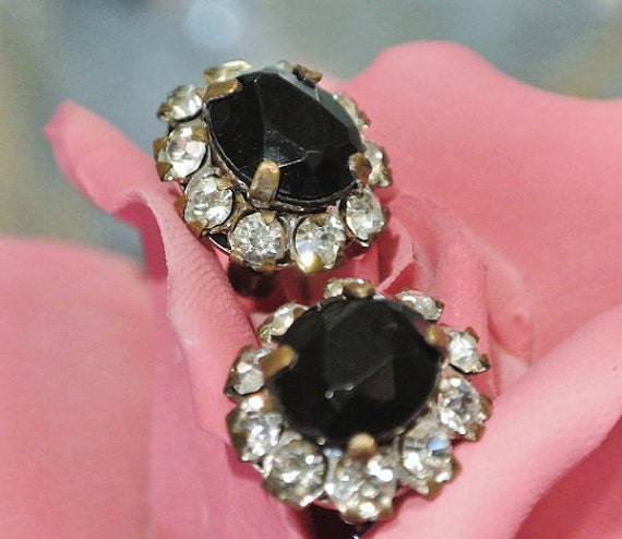 Vintage Rhinestone Earrings Black Glass and Crystal Earrings Screw Back 1940s 50s Antique Old Hollywood Regency Earrings Wedding Bride