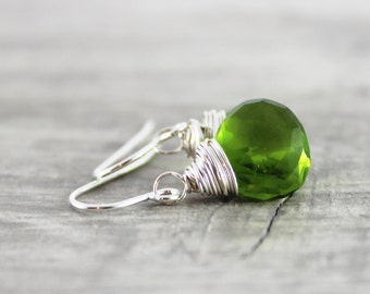 Green Quartz Earrings, Bright Green Earrings, Sterling Silver Earrings, Peridot Quartz, Wire Wrap Earrings, Green Gemstone Earrings