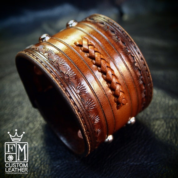 Leather cuff bracelet Classic Old West Brown Vintage style Rock and Roll Stamped and Tooled for YOU in NYC by Freddie Matara