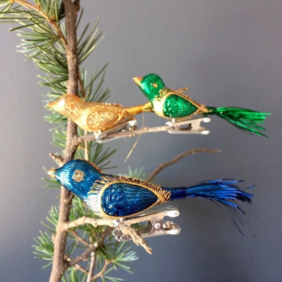 3 Glitter Bird Ornaments Vintage Clip On Birds Set of 3