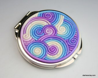 Compact Mirror in Purple, Turquoise, White Fimo Filigree