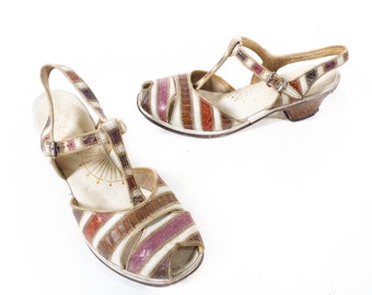 Vintage 40s Heels // 1940s Heels // Striped Heels // Reptile Heels //T-Strap Peep Toe Low Heels - sz 8 - 8.5 M
