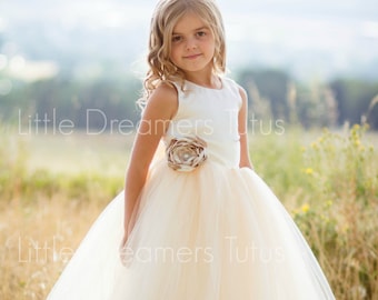 NEW! The Juliet Dress in Ivory/Light Gold with Flower Sash - Flower Girl Dress