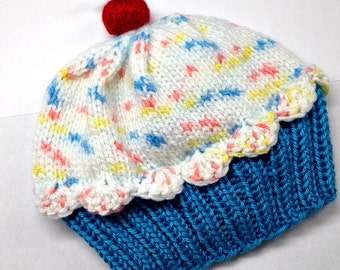Cupcake Hat preemie newborn baby toddler - Cherry on Top Blue Raspberry Cake with White Sprinkle Frosting