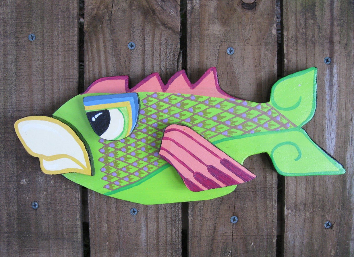 Crazy Cool PAINTED Wood FISH Sculpture Wall hanging Plaque