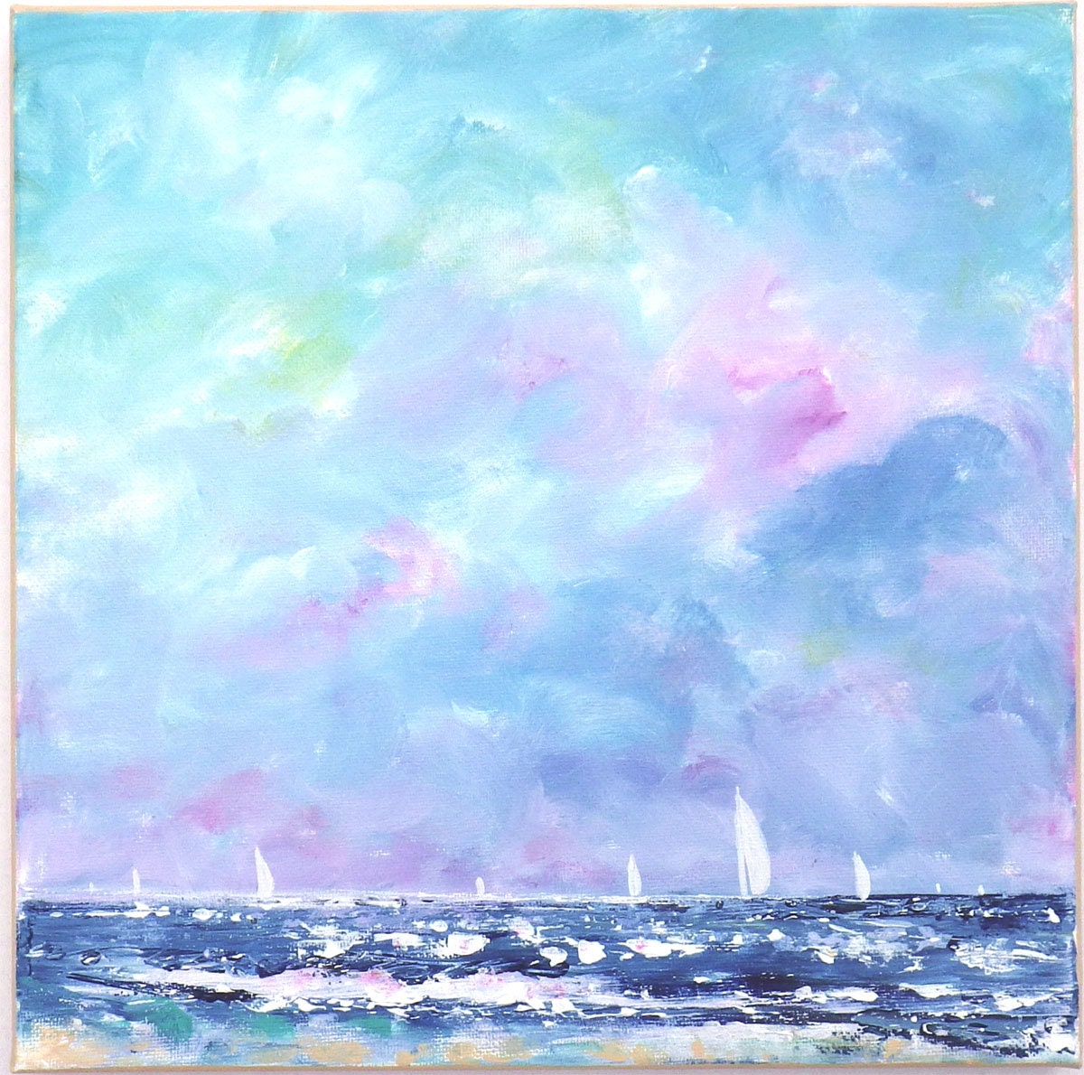 Sailboat beach painting pastel toned colorful sky and white