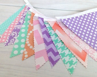 Bunting, Banner, Fabric Flags, Baby Girl Nursery Decor, Photography Prop - Pastel, Lavender, Peach, Mint Green, Pink, Chevron, Damask, Dots