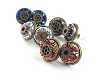 Steampunk Earring Studs - Steam Punk Costume Accessories - Fake Gauge Studs - Mismatch Earrings - Glitter Stud Earrings