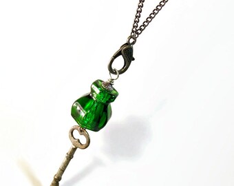 Repurposed Antique Long Key Necklace, Emerald Green Glass, Gunmetal, Upcycled Jewelry Pendant