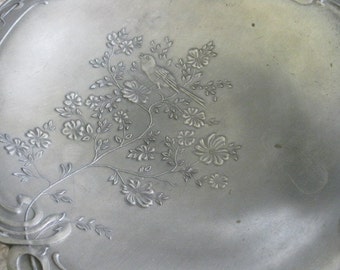 Ornate Vintage Zinn Pewter Bridal Basket with Raised Bird with Flowers Details