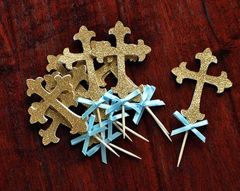 Baptism Decorations for Boys. Handcrafted in 2-3 Business Days. Christening Cross Cupcake Toppers 12 CT.