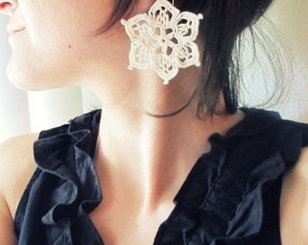 Star Crocheted Earrings - Ecru White, Bohemian Hand-crocheted Geometric Earrings, Dainty Handmade Cotton 2nd Anniversary Gift for Her