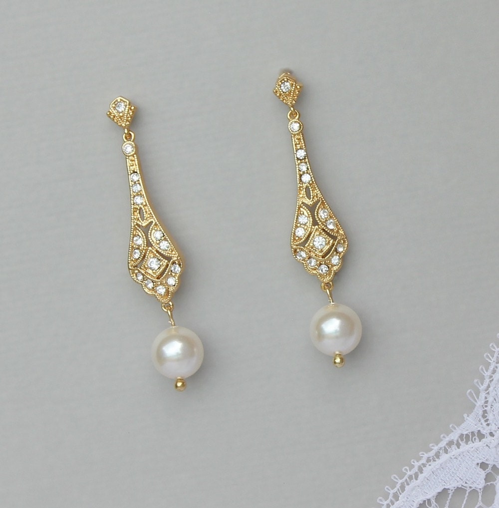 Gold Bridal Earrings Pearl Drop Earrings Gold Gold Crystal