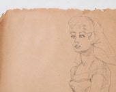 Vintage sketch of a woman with hair covering / sketch no21 / free shipping in US