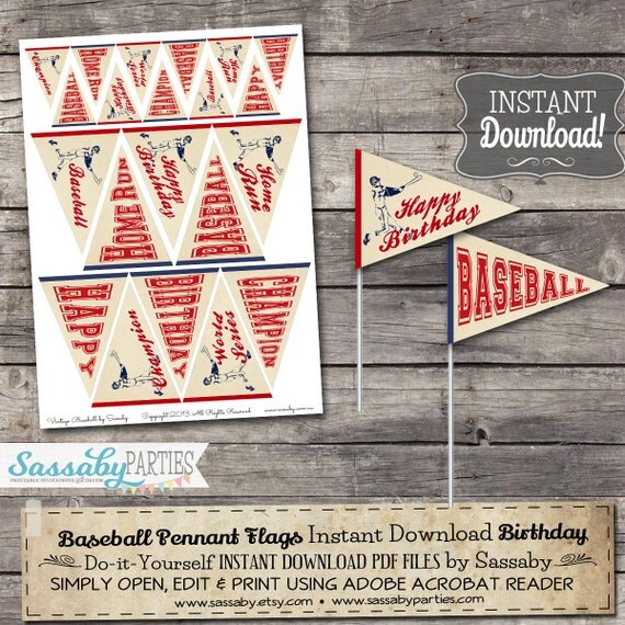 Vintage Baseball BIRTHDAY Mini Pennant Flags / INSTANT DOWNLOAD / Printable Birthday Party ...
