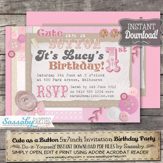 Cute as a Button Birthday Invitation - INSTANT DOWNLOAD - Editable & Printable Party Invitation by Sassaby Il_570xn