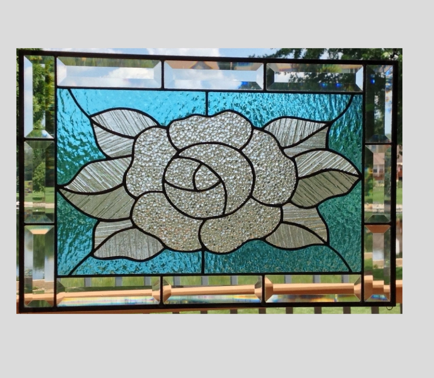 Stained glass panel window English rose clear stained glass