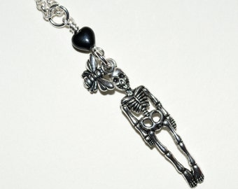Skeleton Necklace, Gothic Pendant, Butterfly Skull, Halloween Jewelry, Silver Skeleton Charm, Quirky Necklace, Skull Jewelry, Human Skeleton