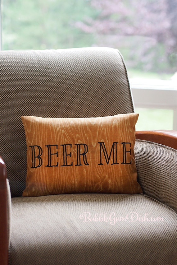 Beer Me Pillow Man Cave Decor with Wood Grain by BubbleGumDish