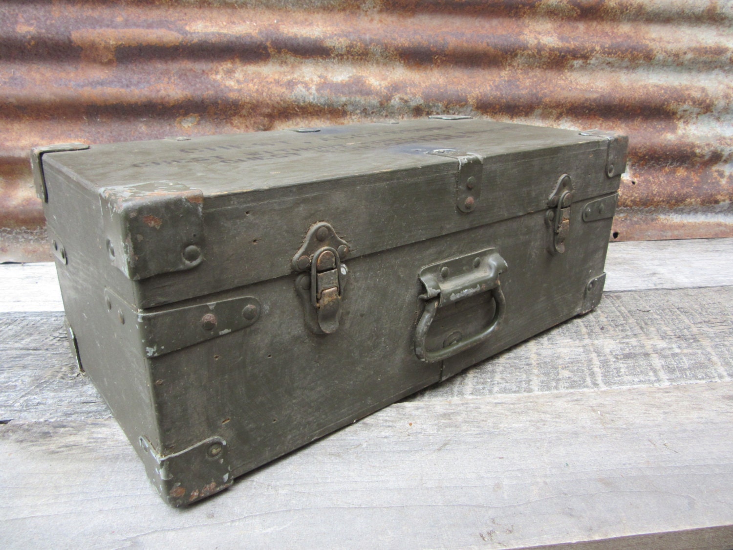 Vintage Military Wood Box Lock Box with Handle Wooden Chest 1950s60s Army Green Latched Storage