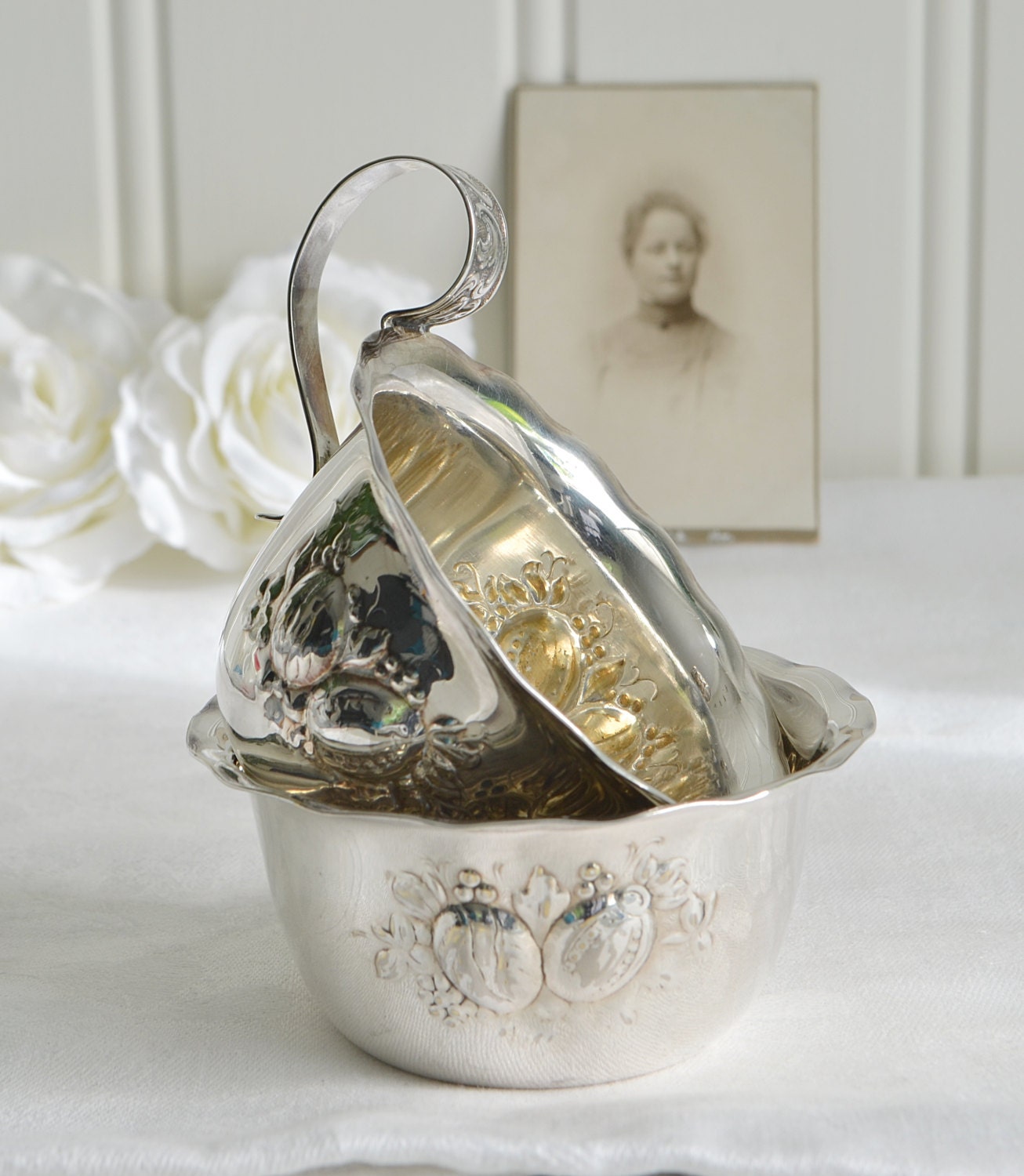 Sugar bowl and creamer set , vintage Swedish silver plate , Nils Johan Sweden Haute Juice