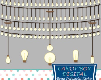 Retro Industrial Edison String Light Clipart, Vintage Steampunk Clip Art - Commercial Use OK