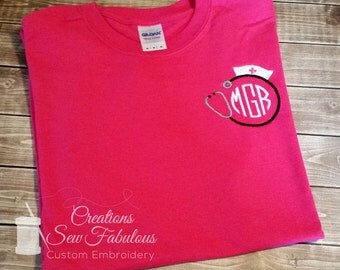Women's Monogrammed Shirt, Monogram Nurse Shirt Stethoscope Heart Short Sleeve Shirt, Nursing Student Graduate Gift, Monogrammed Stethoscope