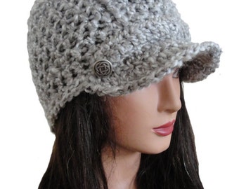 Women's Crochet Gray Newsboy Bill Brim Ribbed Beanie Hat