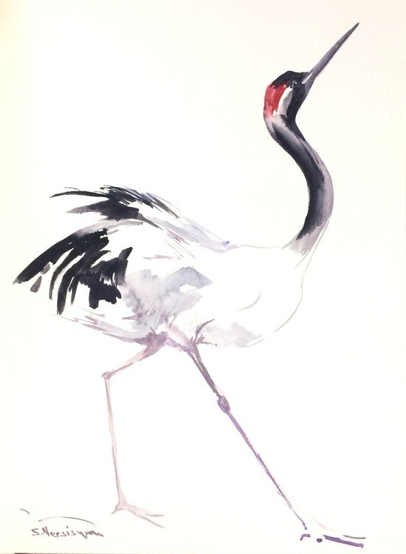 Japanese Crane Original watercolor painting 12 X 9 in black